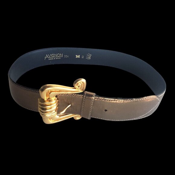 Vintage 80s Belt Womens Medium 34 Metallic Leather Brass Buckle Avignon Spain - Picture 4 of 11